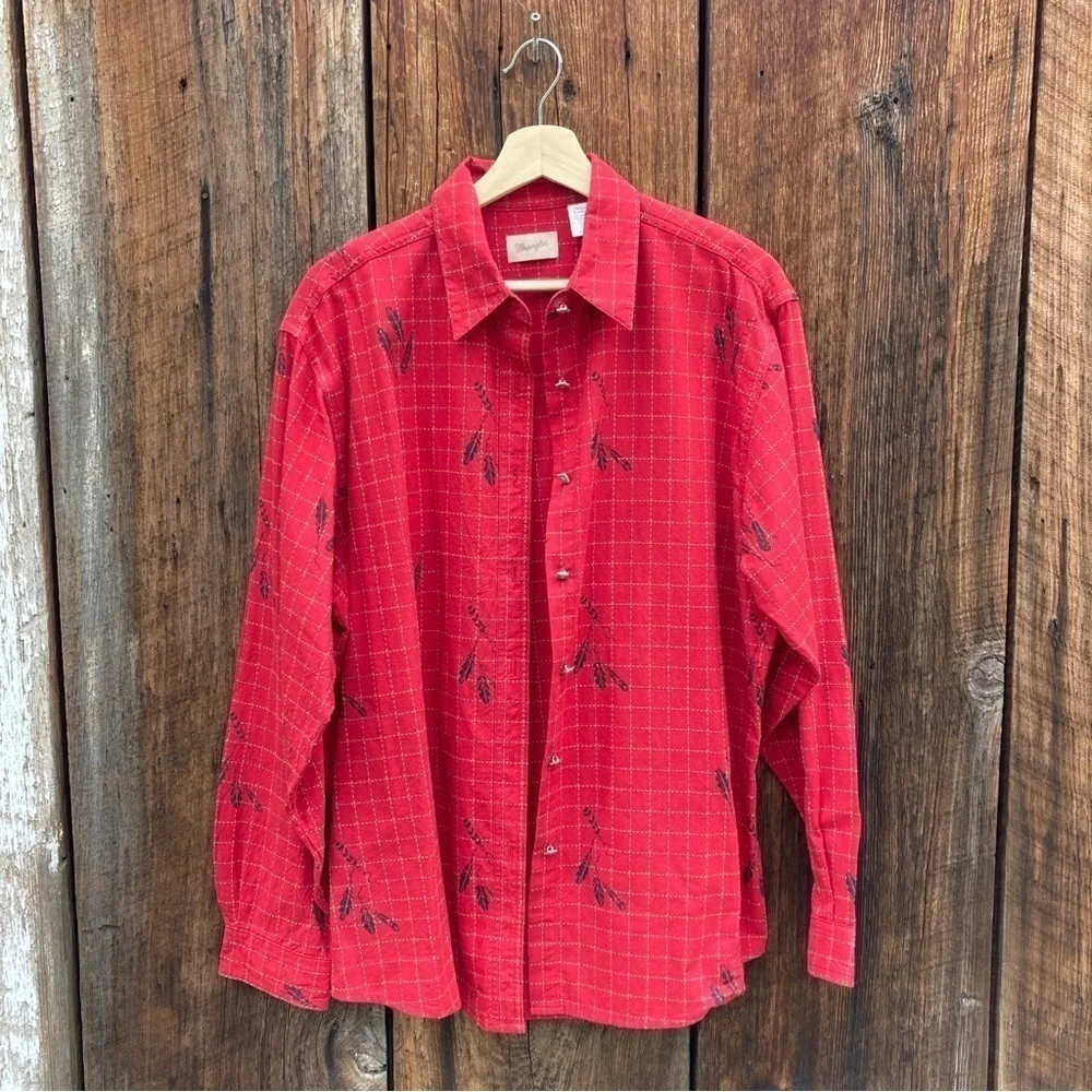 Vintage Wrangler Red feather pattern Button Up Shirt Size XL women's - Picture 2 of 12